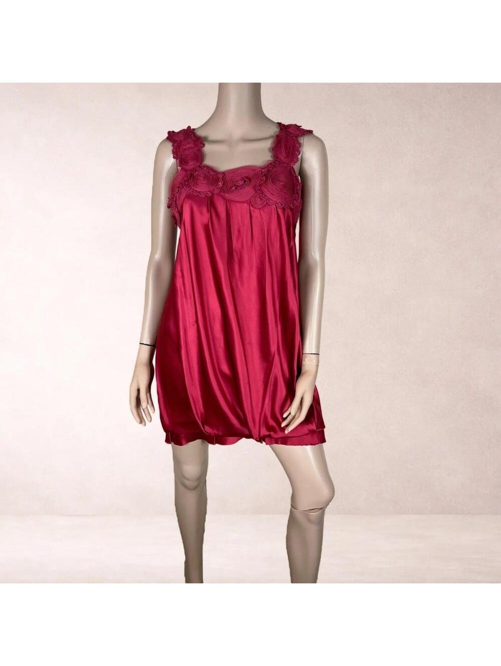 New BCBG Rosette Red 100% Silk Blouson Mini Dress Size 8 Medium